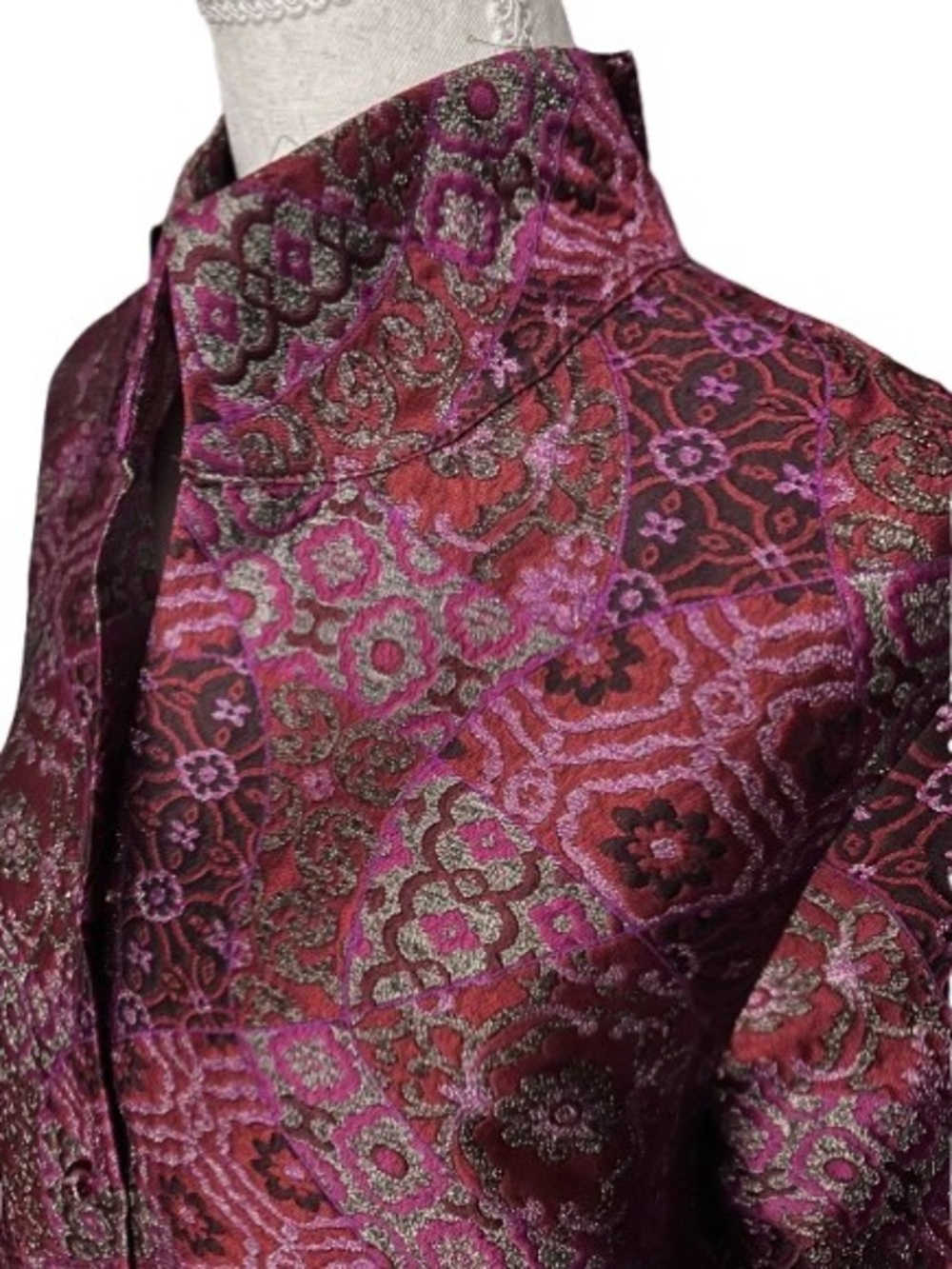 100% Silk CONNIE ROBERSON Jacket Tapestry Brocade Small Burgundy Designer - Picture 4 of 15
